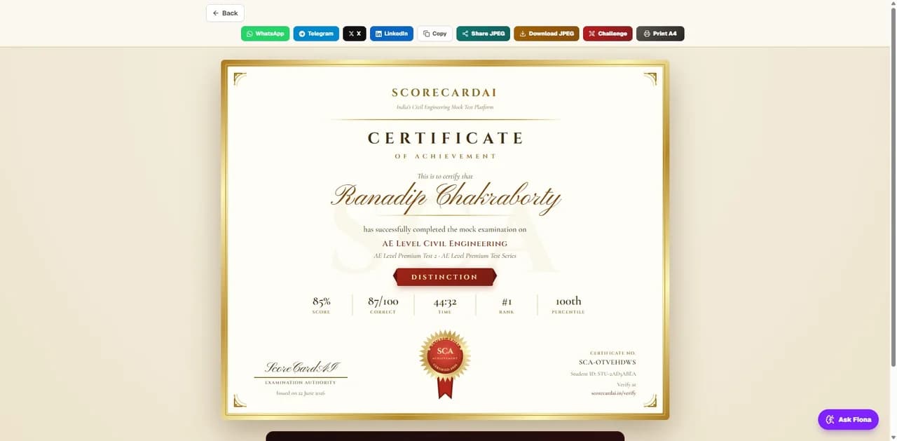 Certificate of Achievement — ScoreCardAI screenshot